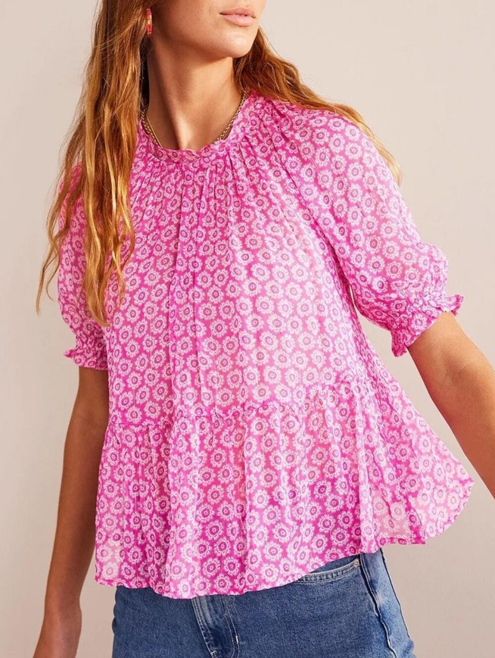 Boden Pink Floral Metallic Puff Sleeve Peplum Top | US 6 UK 10